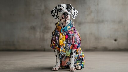 A Dalmatian in a luxury vintage jacket upcycled from old textiles
