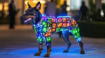 A Doberman in an LED-lined upcycled tuxedo at a green gala