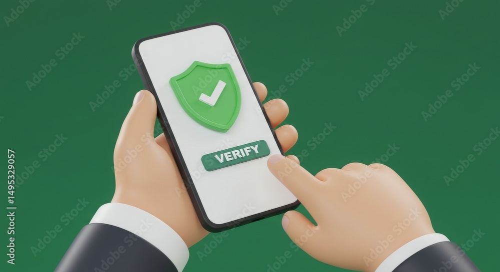 Poster a hand holding a smartphone displaying a verification screen with a shield icon.