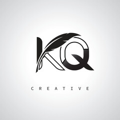 KQ Letter Logo with Feather Pen – Elegant Monogram for Creative Branding and Identity Design