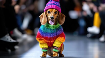 Obraz premium A dachshund wearing a colorful sweater and beanie, posing on a fashion runway