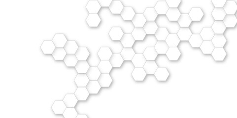 Abstract background with hexagons. Geometric shapes hexagonal patterns. White honeycomb background with light and shadows. Transparent vector background with glowing hexagon geometric lines.