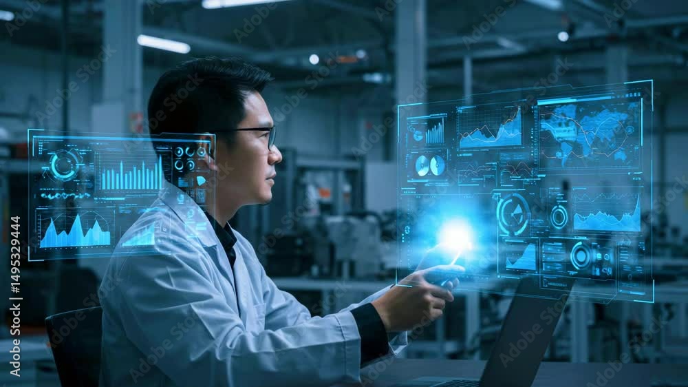 Poster scientist analyzing data with holographic displays in a modern laboratory setting