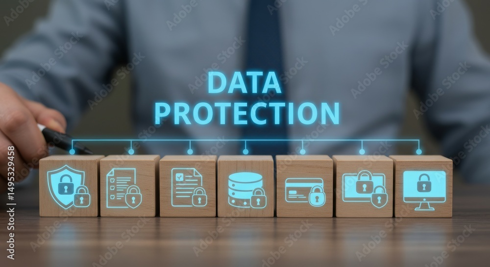 Poster a hand placing blocks symbolizing data protection concepts with digital locks.