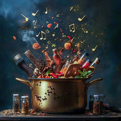 Creative explosion of flavors and sounds in a pot filled with spices and bottles, showcasing a lively culinary art scene