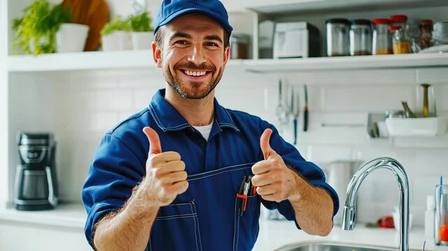 Smiling plumber holding pipe wrench and showing thumb up at sink with tap in the kitchen. secure plumbing services advertisement. Good job. Repairman or handyman fixing a tap. Special offer