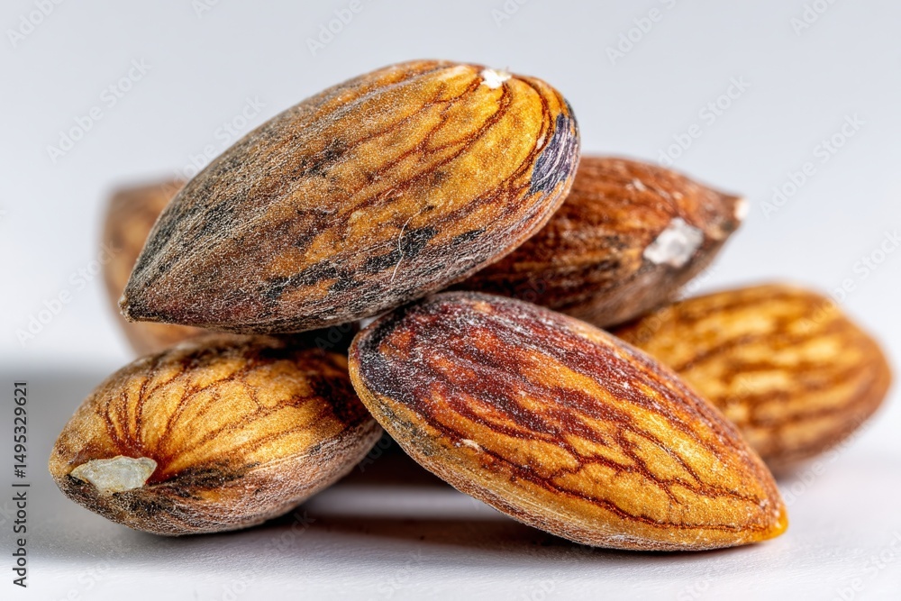 Aufkleber Close-up view of neatly arranged roasted nuts on a white surface in a bright setting