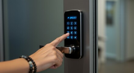 A hand using a digital keypad on a door lock for secure access.