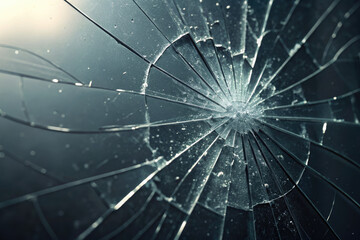 Close-up view of shattered glass, highlighting cracks spreading from a central impact point.