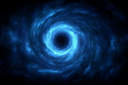 Vivid representation of a cosmic vortex with glowing blue hues and dark center in deep space