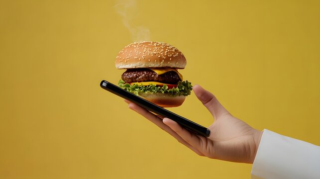 A hand holds a smartphone, hovering a delicious burger in the air.