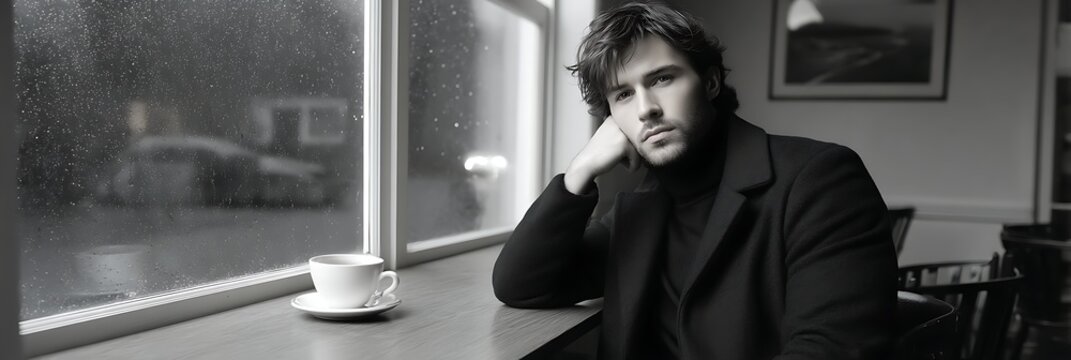 Contemplative man sitting by the window on a rainy day - Powered by Adobe