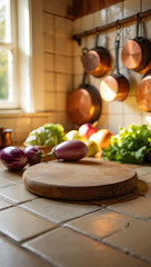 Rustic Kitchen Setting with Fresh Vegetables and Wooden Cutting Board