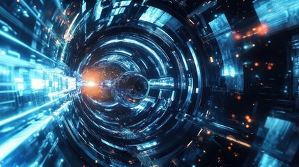 Futuristic digital tunnel, glowing lights, space travel, abstract background, tech concept