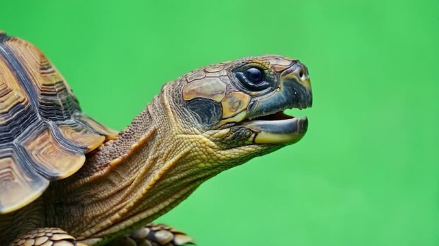 Tortoise closeup against green background
