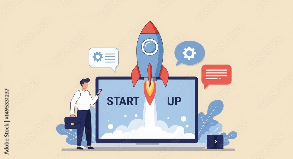 Poster a man launching a rocket from a computer screen, symbolizing a startup.