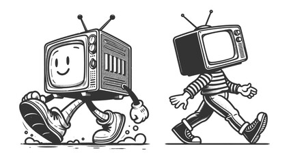 TV walking cartoon character set collection bundle sketch engraving generative ai vector illustration. Scratch board imitation. Black and white image.