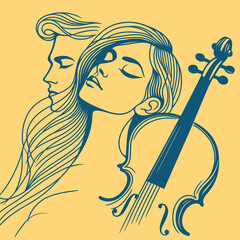 Two figures intertwined with the elegant curves of a violin. Vector illustration capturing the elegance and passion of a classical musician. Musical Harmony.