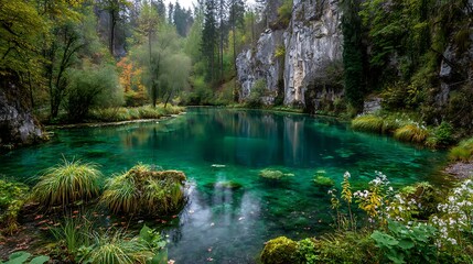 Obraz premium Serene Forest Lake Surrounded by Lush Greenery and Rock Formations