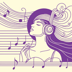 Woman Enraptured by Music. Stylized vector illustration of a woman with headphones, immersed in a vibrant flow of musical notes. Immersed in Sound