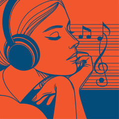 Focused on the Music: Woman with Headphones. Expressive illustration of a young woman with headphones, seemingly lost in the rhythm and melody. Immersed in Sound