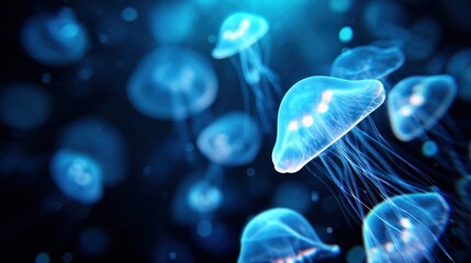 Ethereal jellyfish gracefully floating in a deep blue ocean, illuminated by soft light