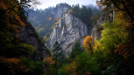 Majestic Autumn Landscape with Rock Formations and Lush Foliage