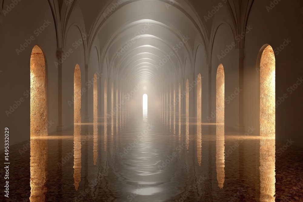 Fototapete mysterious reflections in an ancient corridor illuminated by soft light