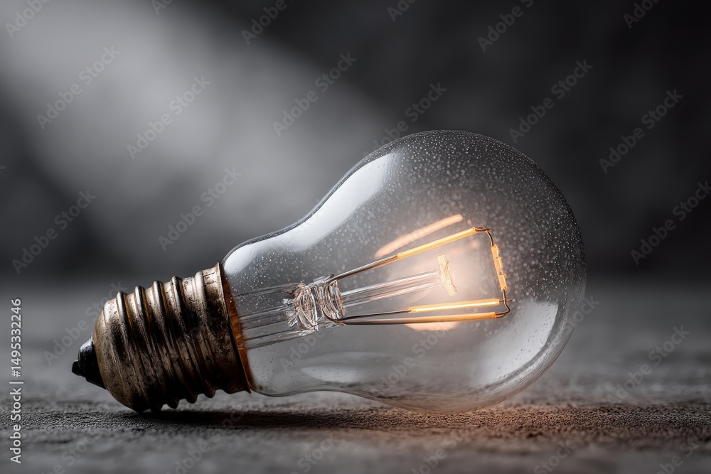Aufkleber Bright glowing incandescent light bulb resting on a textured surface with soft lighting in a dimly lit environment