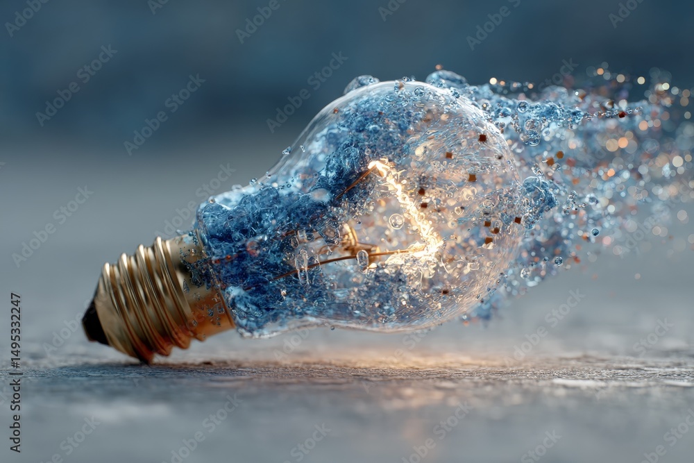 Aufkleber illuminated light bulb bursting with water splashes at a close-up angle