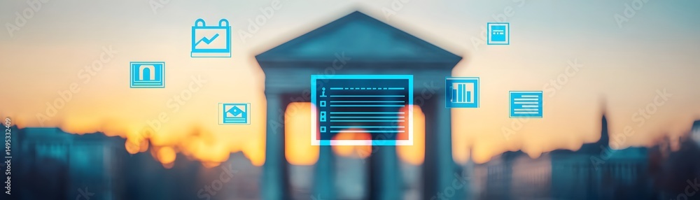 Poster digital icons overlay a classical building at sunset, symbolizing the integration of technology and 