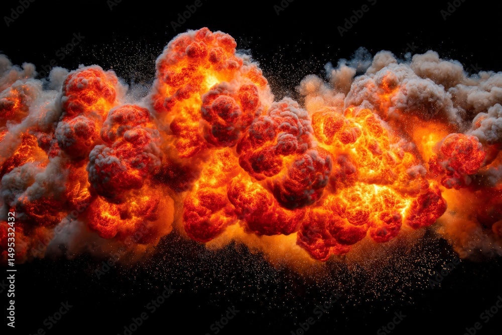 Poster Vivid explosion creating a dramatic fireball and smoke cloud at twilight in a controlled environment
