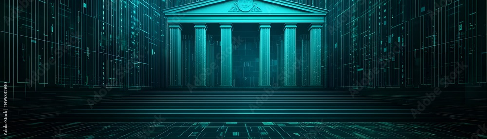 Poster futuristic digital building with columns and glowing grid lines, resembling a virtual temple or high