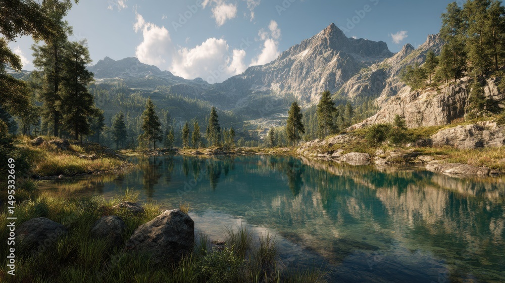 Aufkleber scenic mountain lake reflecting forest and sky, ideal for nature tourism and environmental awareness