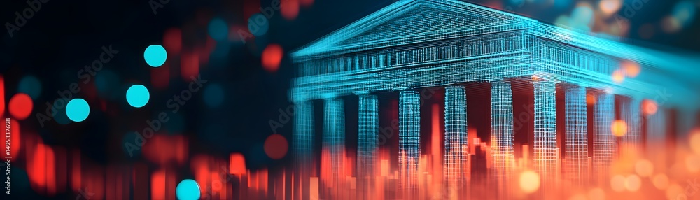 Poster a digital wireframe of a classical building surrounded by glowing abstract lights and data-inspired 
