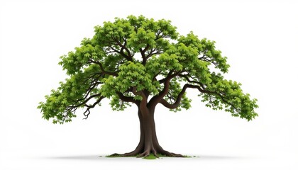 Obraz premium A large, majestic oak tree stands tall against a clean white background. The tree's lush, green leaves create a canopy of foliage, while its strong, sturdy trunk anchors it to the earth