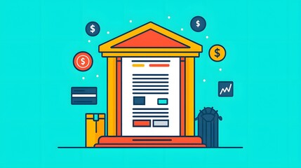 Illustration of a bank building with financial icons, representing banking, finance, and digital transactions on a blue background.