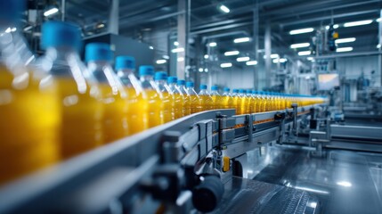 Bottles of Orange Juice on Conveyor Belt in Factory, Illustrating Automated Production and Manufacturing Efficiency : Generative AI