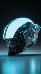 Futuristic helmet, glowing blue, dark background, technology concept