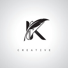 IK Letter Logo with Feather Pen – Elegant Monogram for Creative Branding and Identity Design