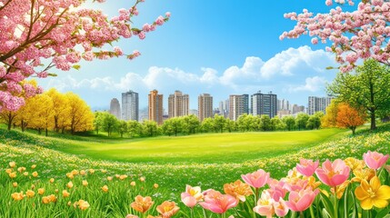 Serene cityscape view juxtaposed with spring blossom trees in vivid color
