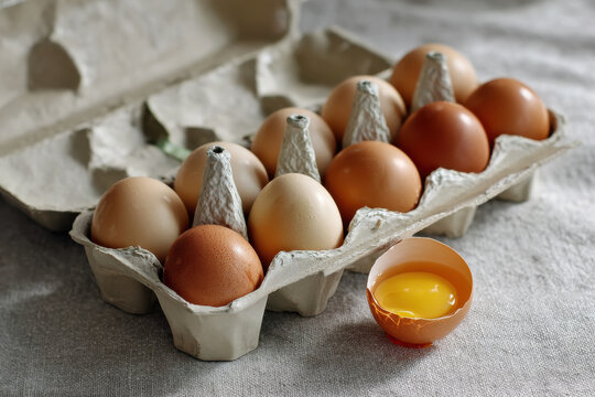 Dozen brown eggs in recycled carton with one cracked open showing yolk, placed on textured fabric surface