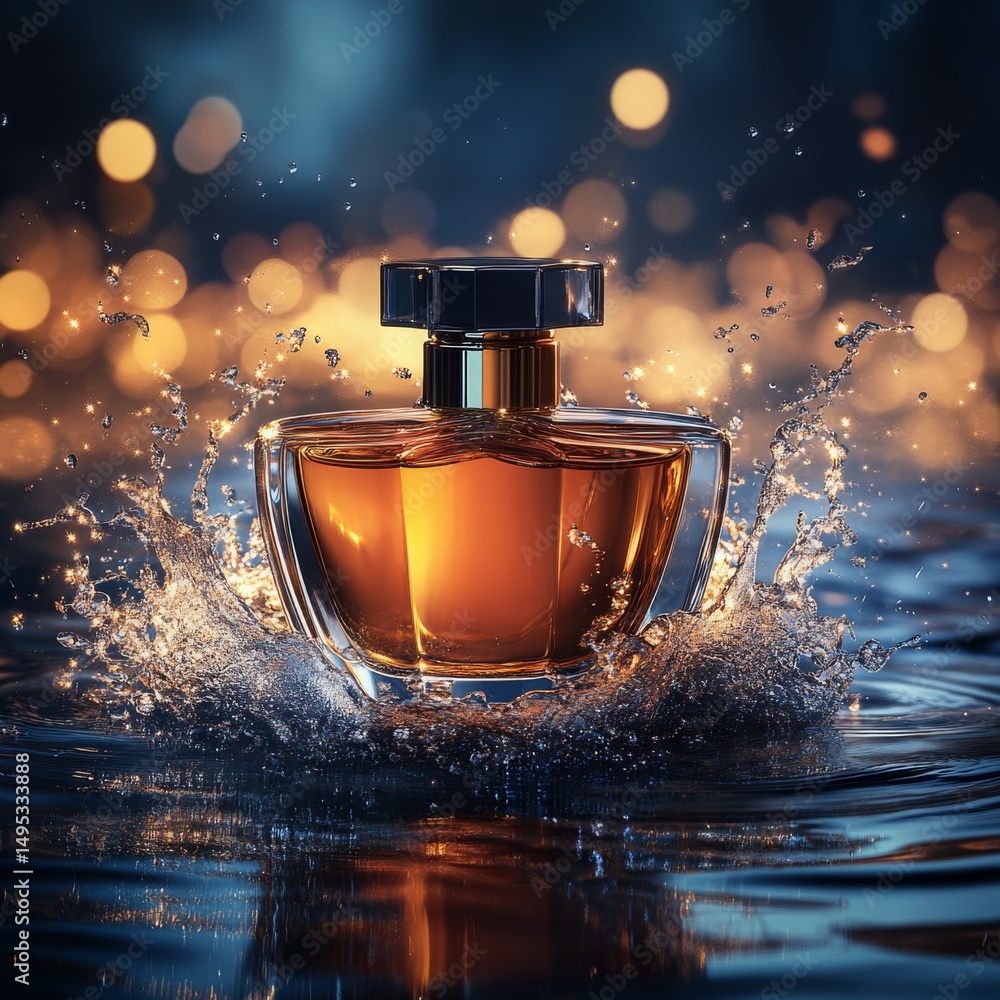 Poster a perfume bottle splashes in water, illuminated by soft bokeh lights, creating a luxurious ambiance.
