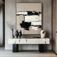 Abstract Expression Wall Art in Interior Design Minimalist Aesthetic Black White Beige Marble Console Table