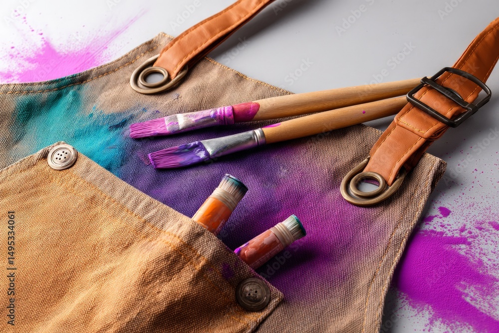 Poster creative tools displayed on a canvas apron covered in vibrant paint splashes during an art session i