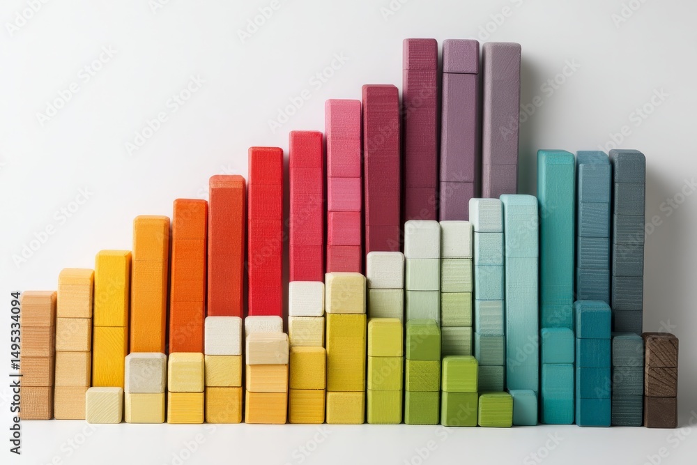 Poster colorful wooden blocks arranged in a bar graph formation showcasing varying heights and shades in a 