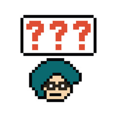Fototapeta premium Pixel art cartoon character man cute question mark decoration 8 bit male boy confused idea question mark quiz questionnaire choose cartoon pixel game 8bit png vector.