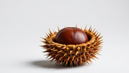 A close-up shot of a horse chestnut fruit, showing the seed in its spiky husk