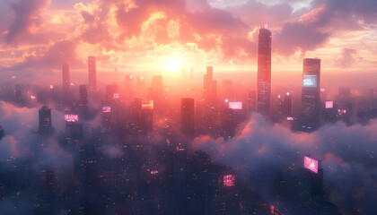 Urban landscape with towering buildings partially obscured by clouds at sunset, creating a surreal, dreamy vista