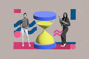 Pop trend collage of people stand near 3d sand clock on grey background